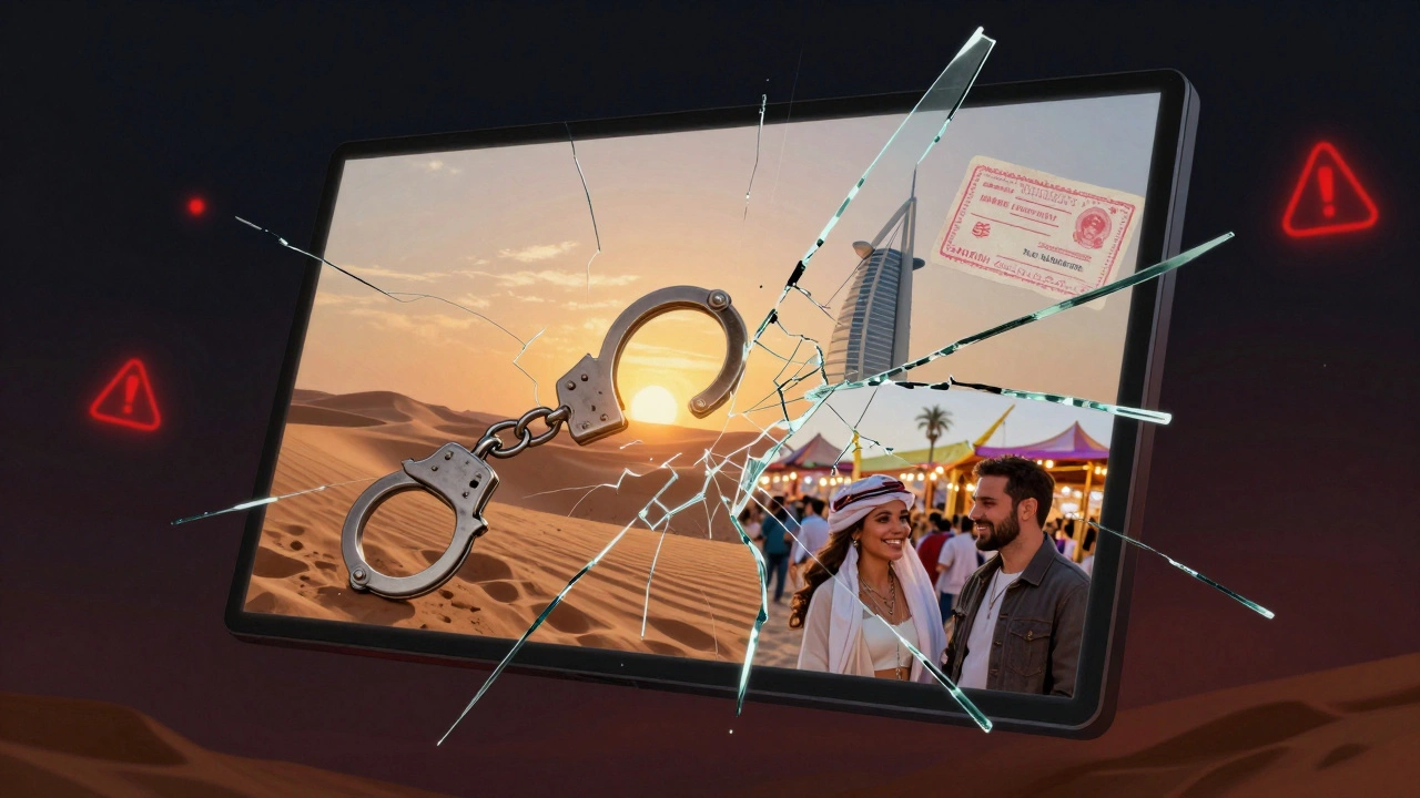 A fractured screen showing Dubai&#039;s myths and realities—sunset, handcuffs, and cultural joy.