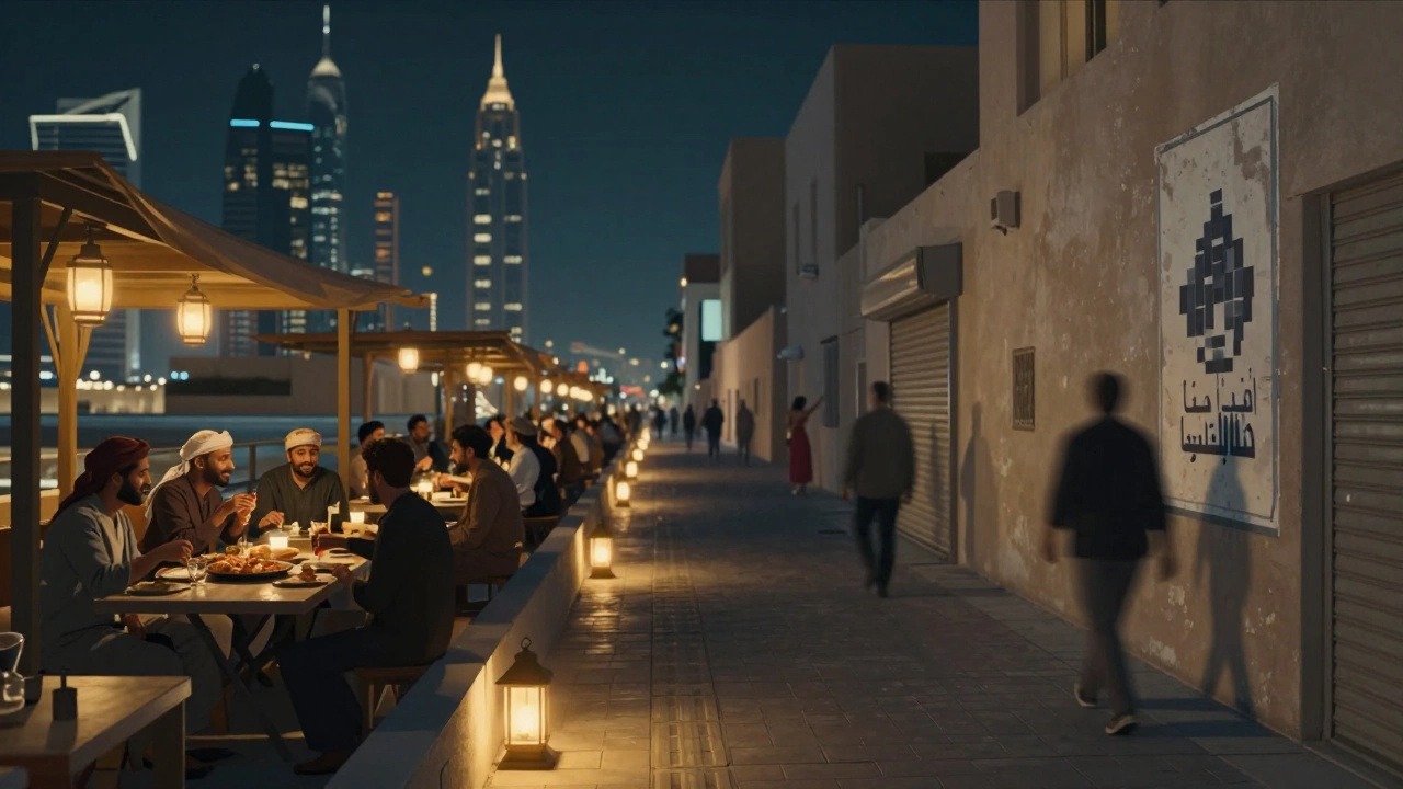 Contrasting scenes in Dubai: a warm social dinner versus a shadowy alley with hidden ads.