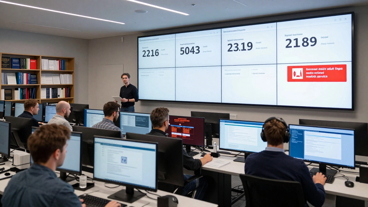 Moderators in a Swedish digital oversight center reviewing transparency reports on harmful content.